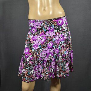 Y2K Mod Floral Mini Skirt Size L Fairy Feminine Romantic Purple Black Pull On
